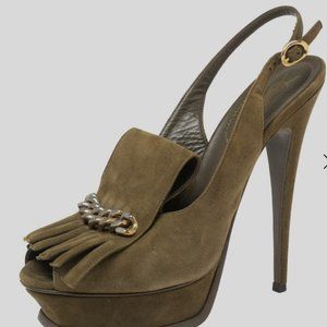 Saint Laurent Olive Green Suede Fringe Chain Detail Platform Slingback Sandals